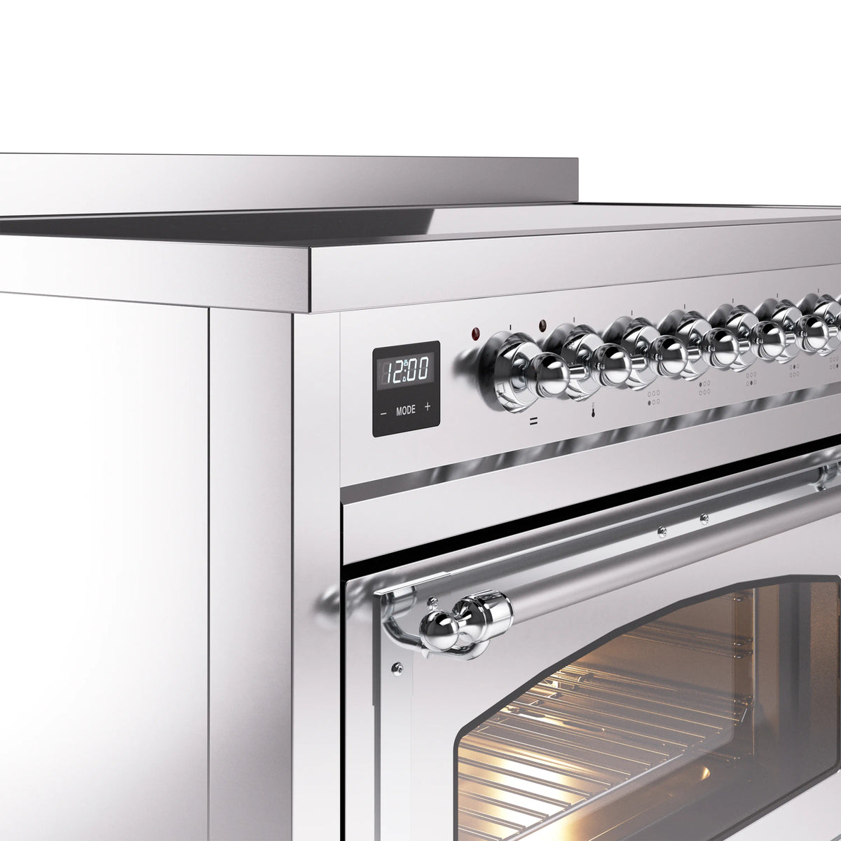 Induction range control panel with digital display and knob row, front side view
