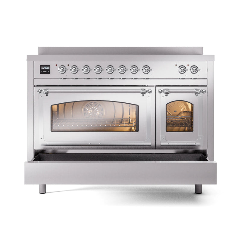 ILVE Nostalgie II Noblesse 48-Inch Induction Range with Triple Glass Door in Stainless Steel with Chrome Trim (UNI486NMPSSC)