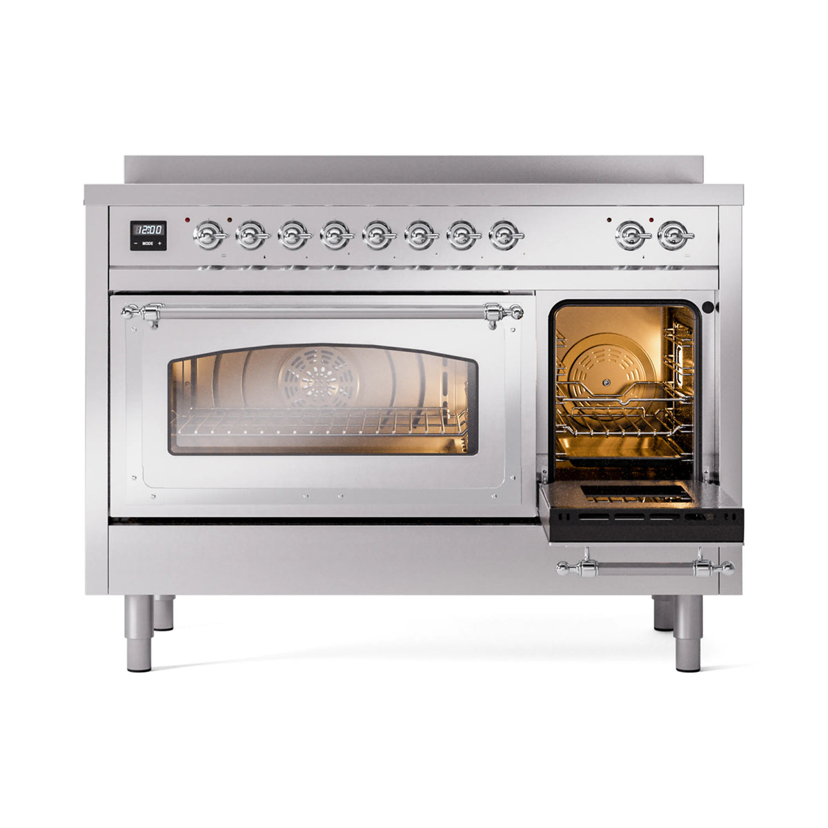 Induction range with right oven door open and interior rack, front view