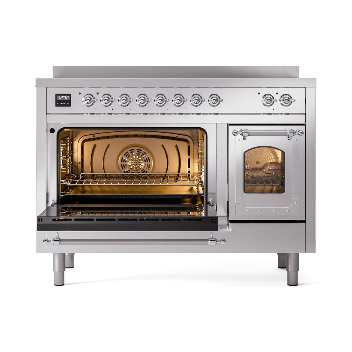 Induction range with both oven doors open, lit interior and wire racks, front view