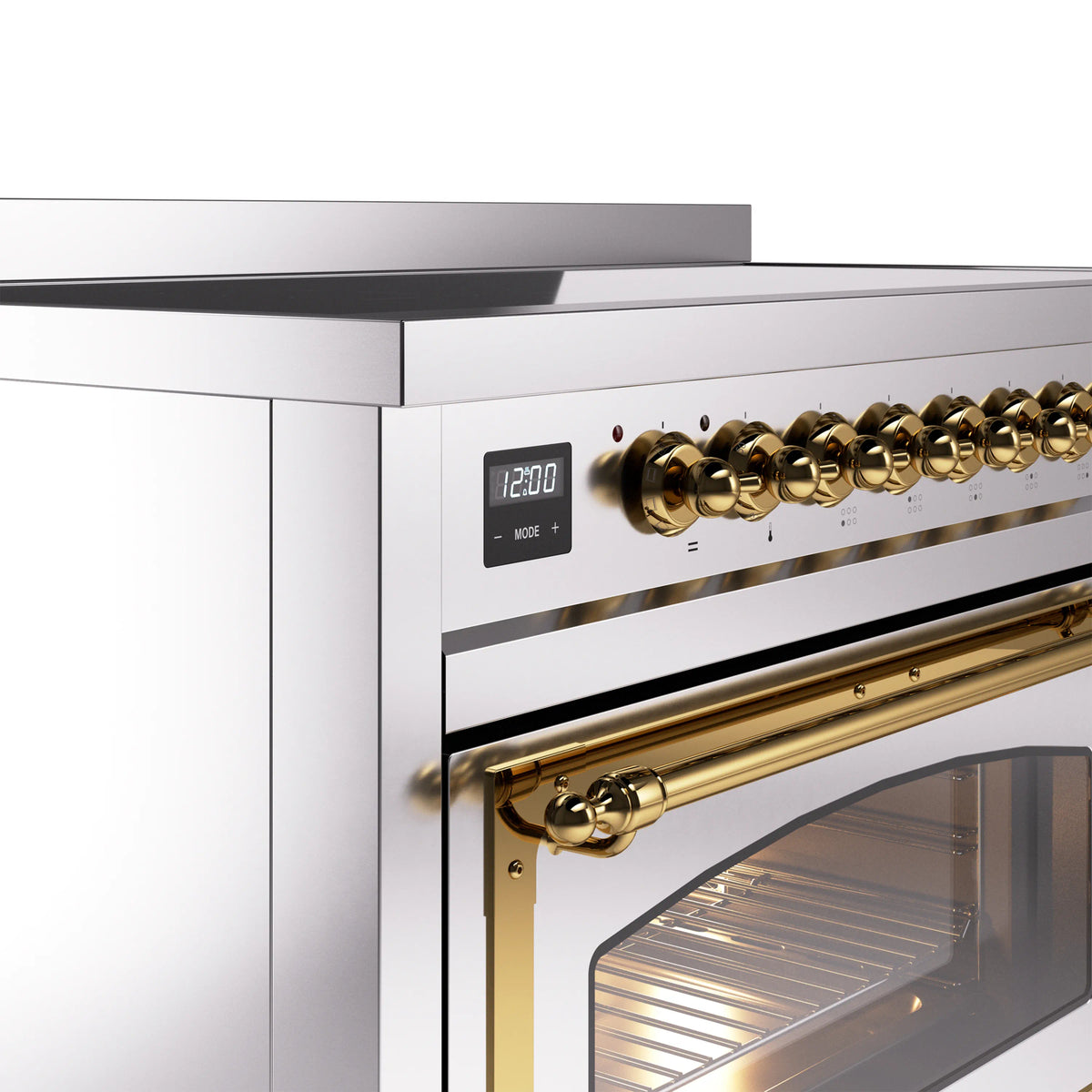 Brass-trim control panel with digital display and oven handle on stainless steel range