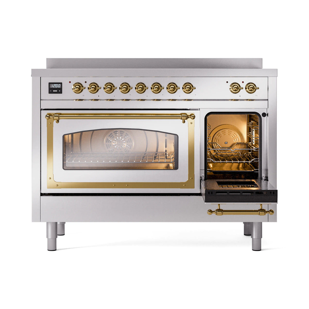 Stainless steel induction range with brass-trim oven door windows, lit interior racks