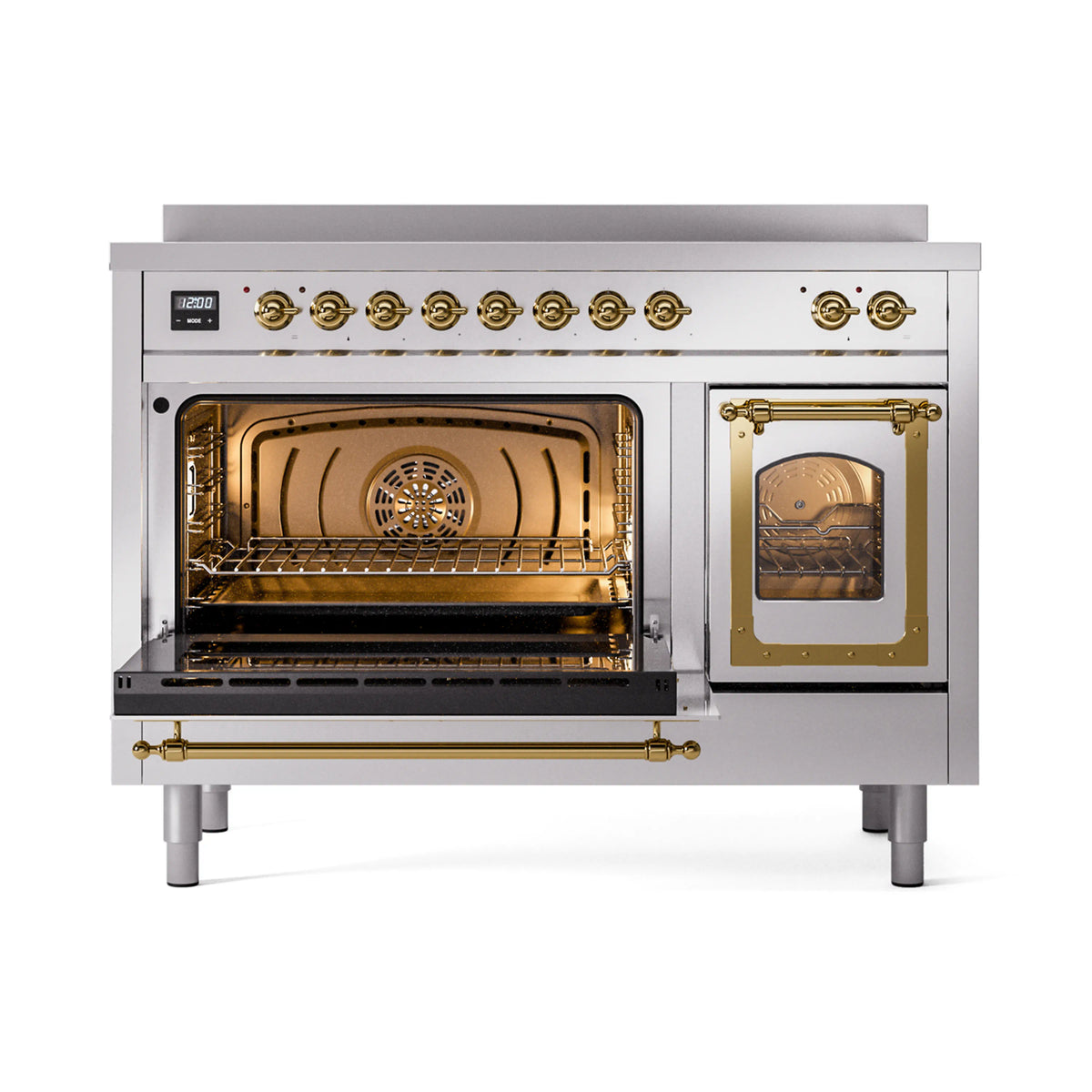 Stainless steel induction range with open oven door, brass trim, rack inside