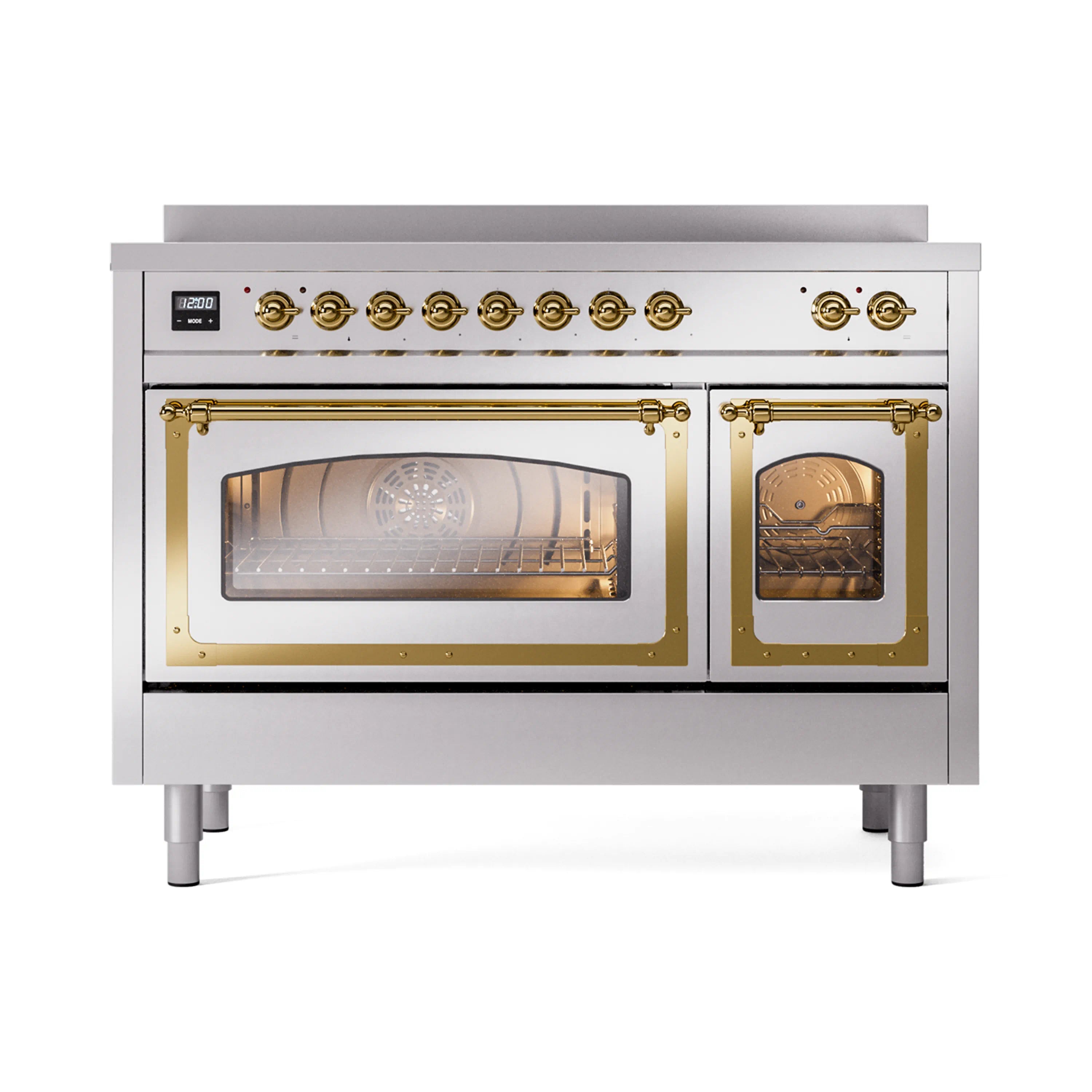 Stainless steel induction range with brass-trim double oven glass doors, interior light on