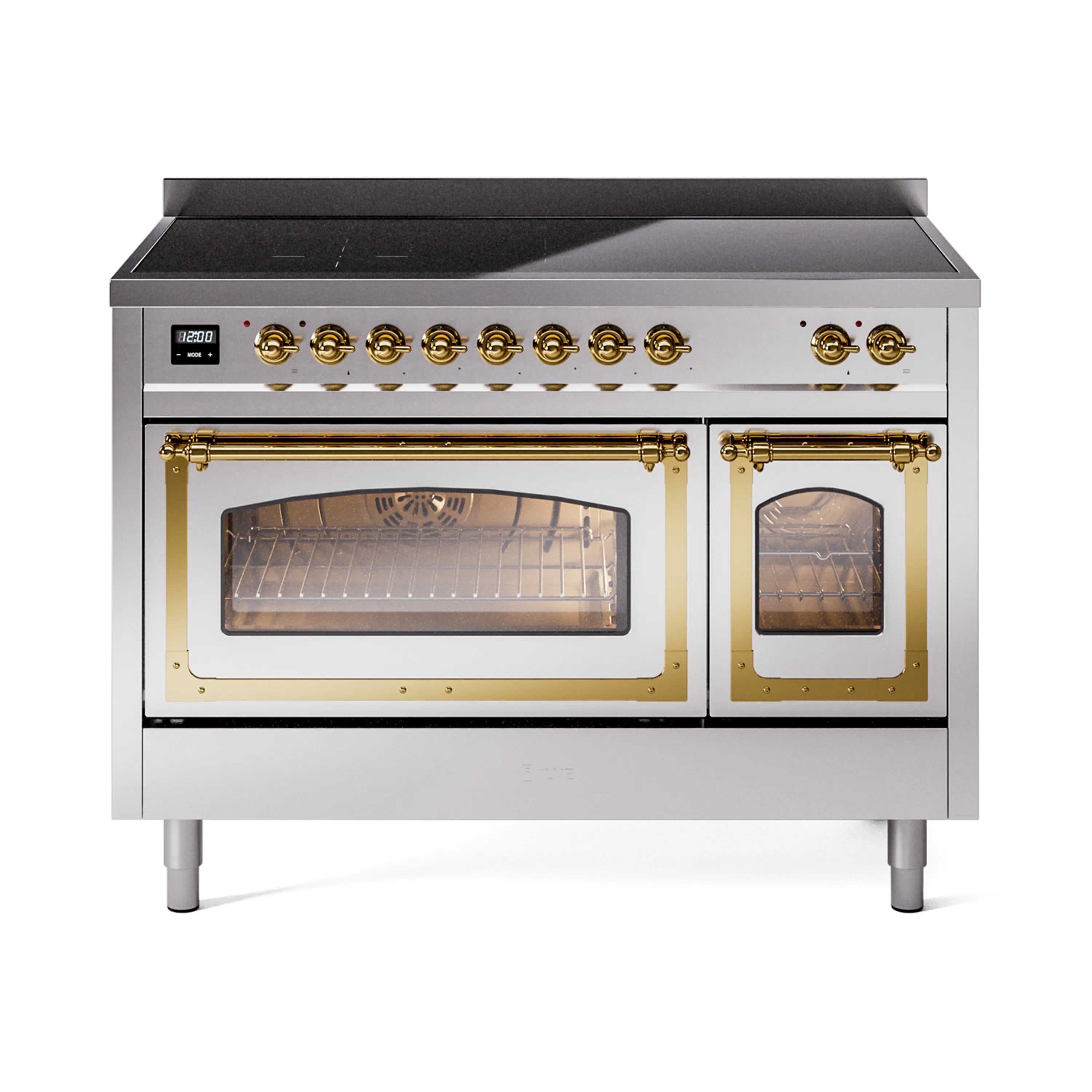 Stainless steel induction range with front brass-trim handles and lit oven compartments