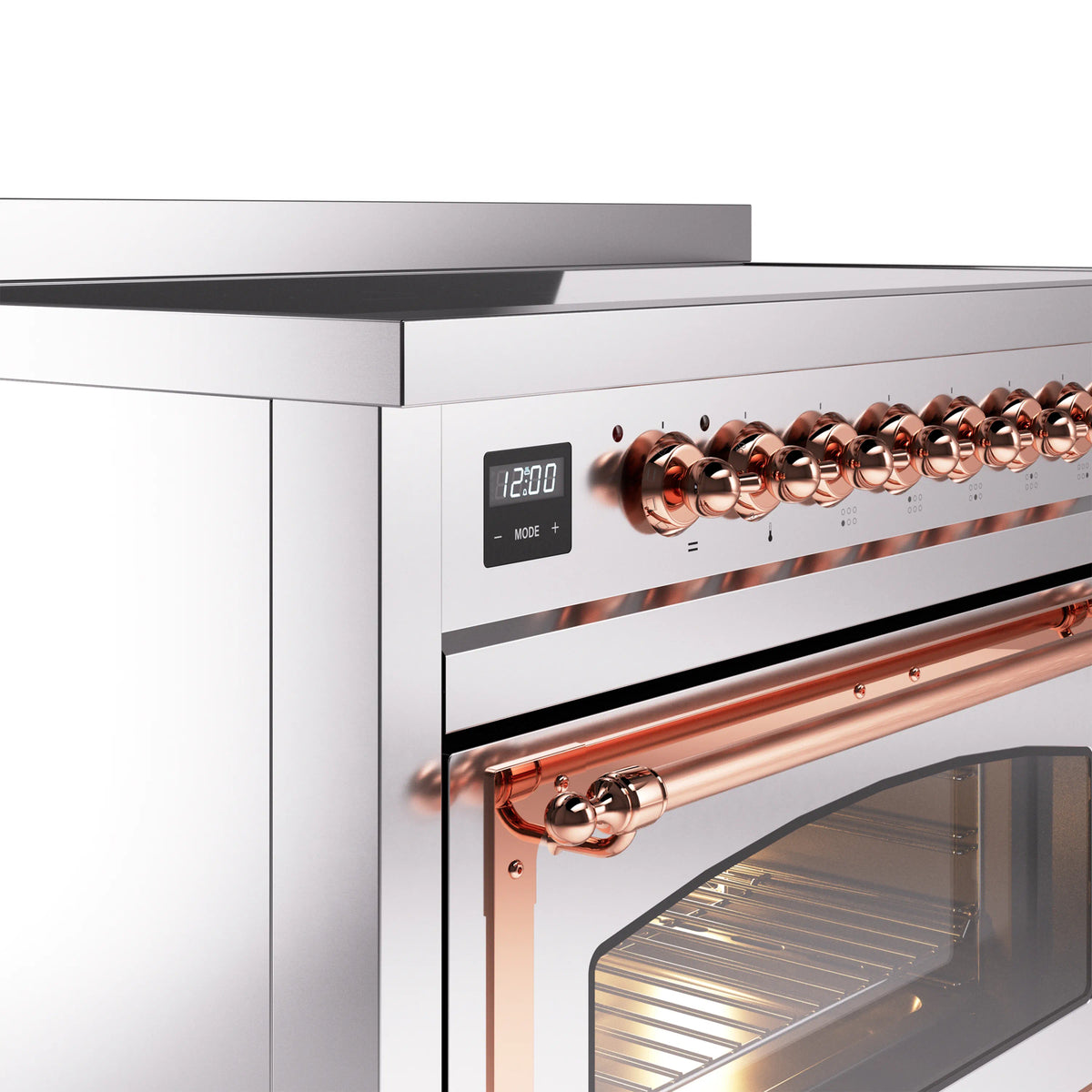 Stainless steel induction range with copper-trim control panel and oven door window