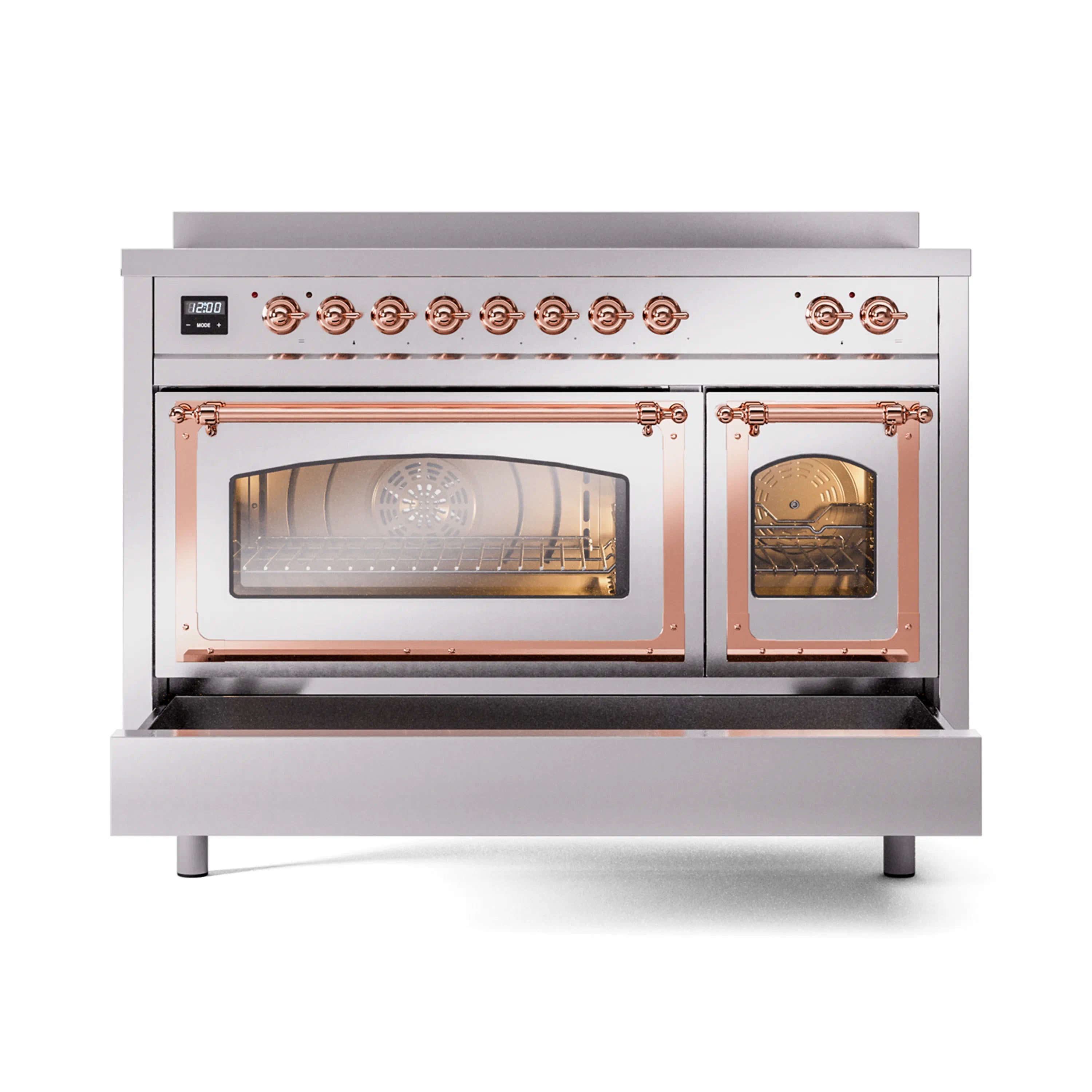 Stainless steel induction range with two oven doors and copper-trim control knobs