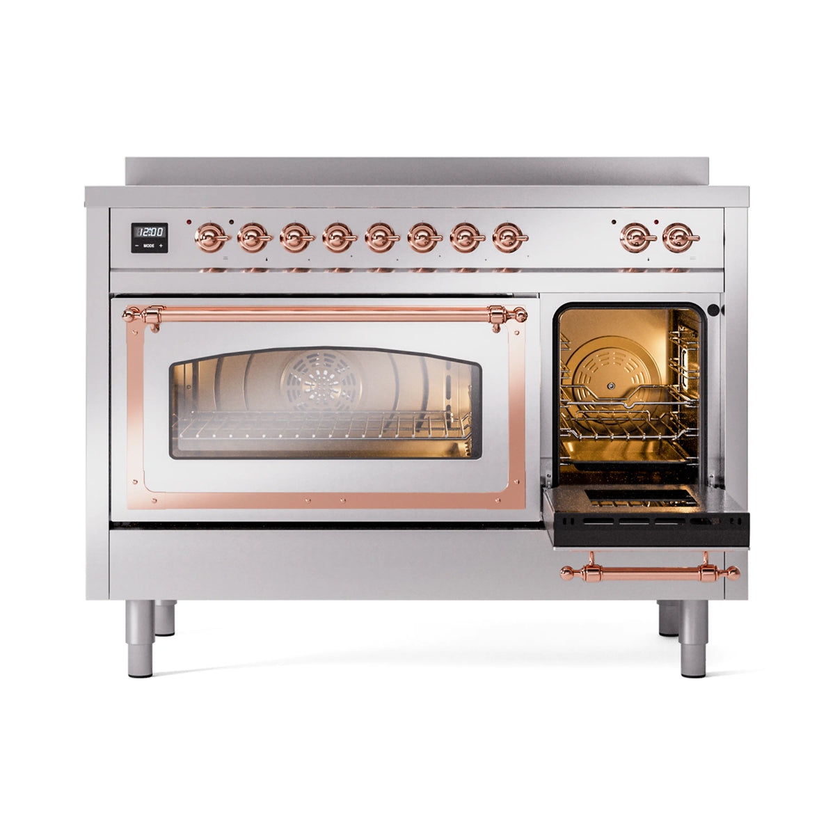 Stainless steel induction range with left oven door open showing baking racks