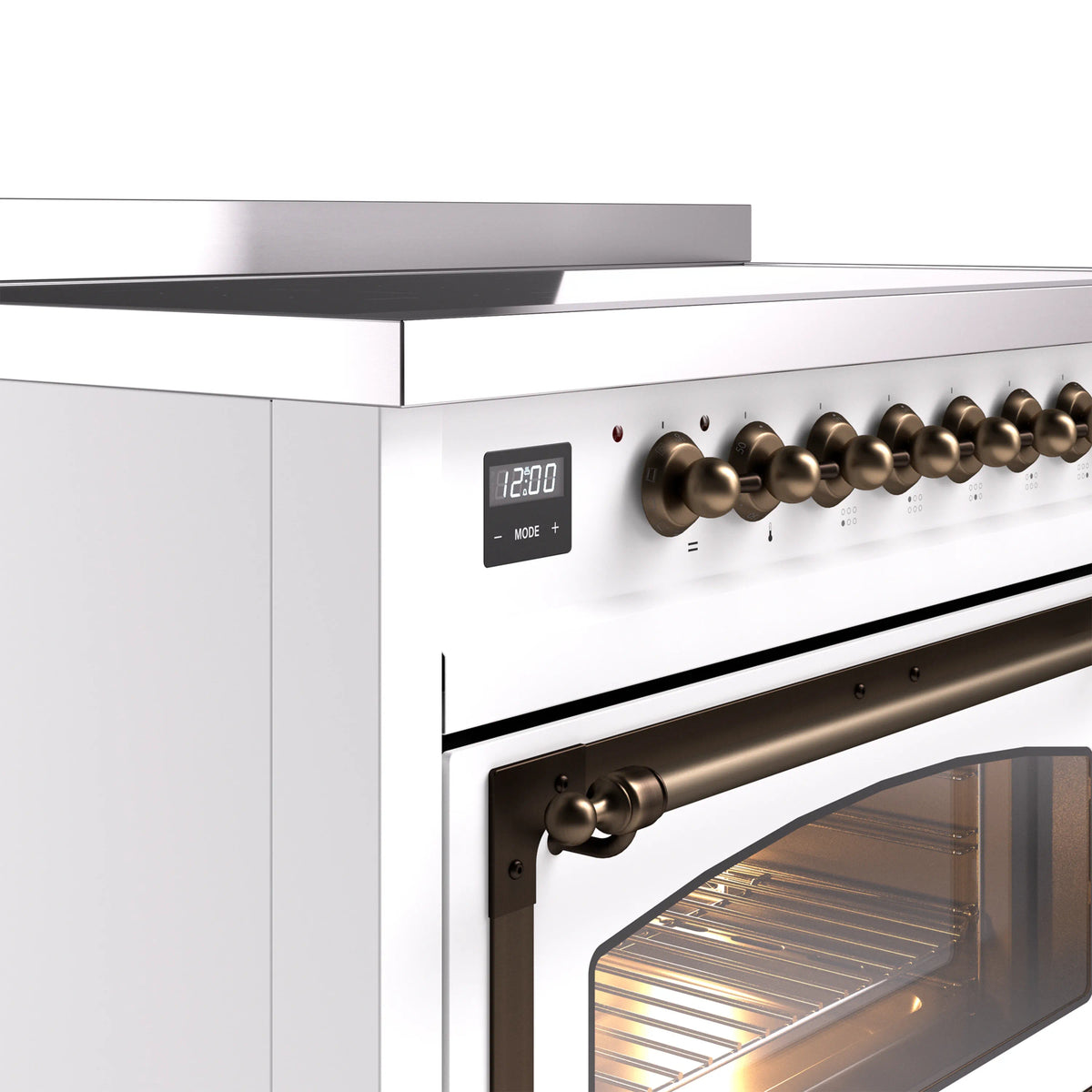 White induction range with bronze control knobs and open oven door with glass window