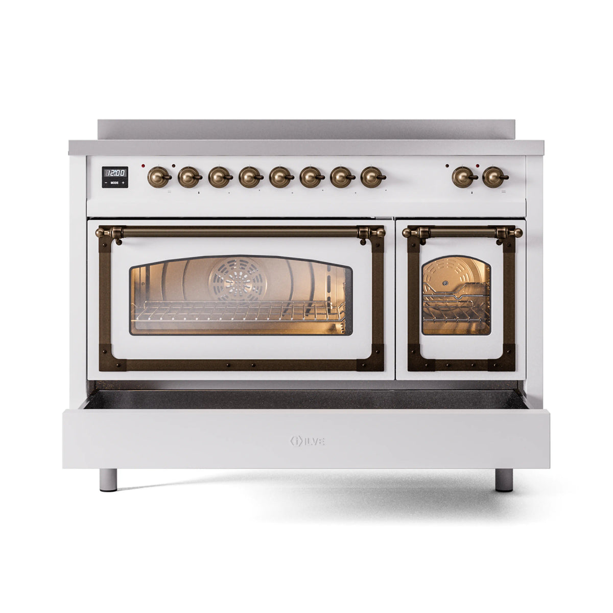 White 48-inch induction range with bronze trim; front view with open triple-glass doors