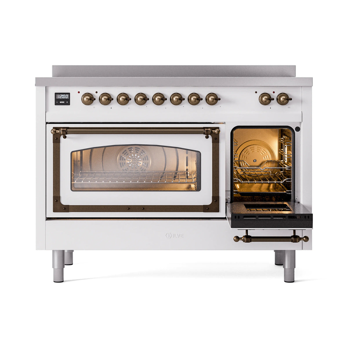 White 48-inch induction range with bronze trim; lit ovens behind triple-glass doors