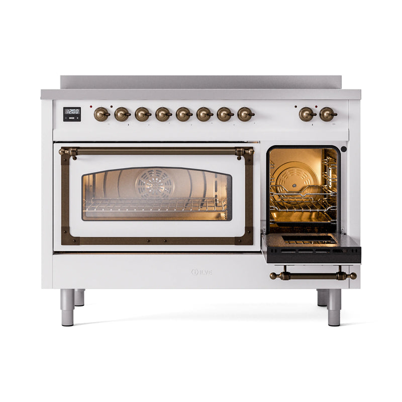 ILVE Nostalgie II Noblesse 48-Inch Induction Range with Triple Glass Door in White with Bronze Trim (UNI486NMPWHB)