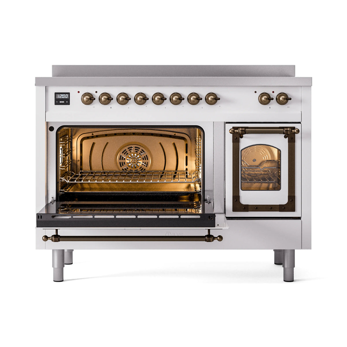 White 48-inch induction range with bronze trim; open triple-glass oven doors