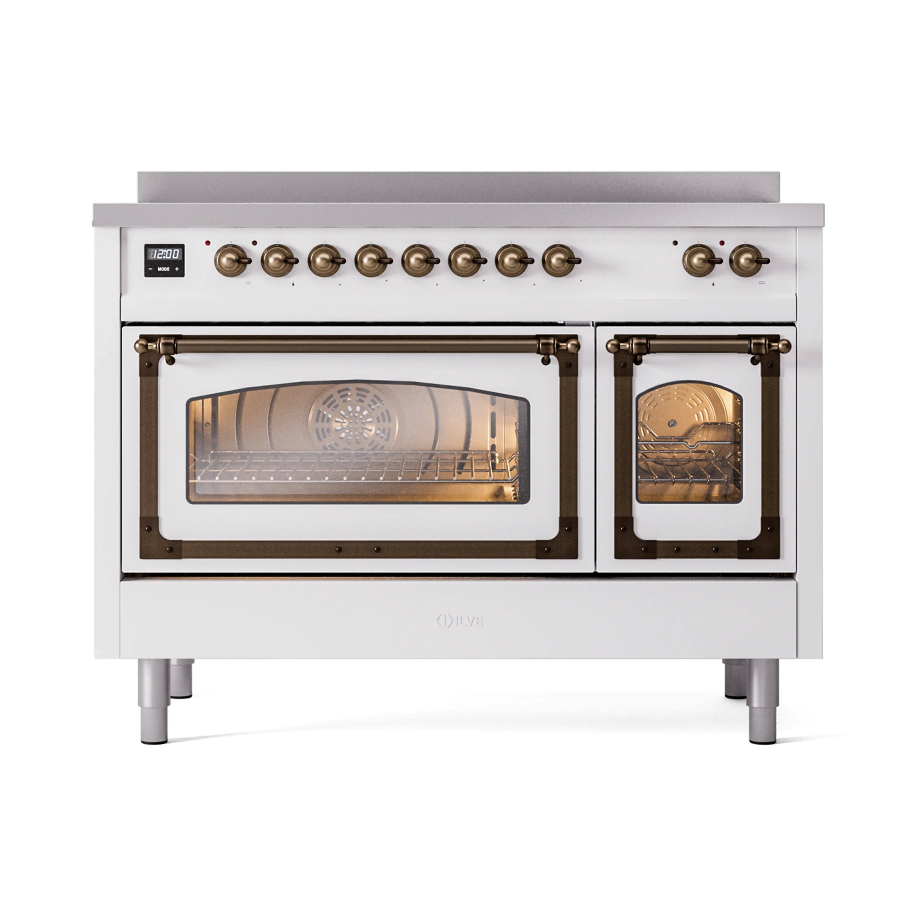 White 48-inch induction range with bronze trim; wide view of triple-glass doors