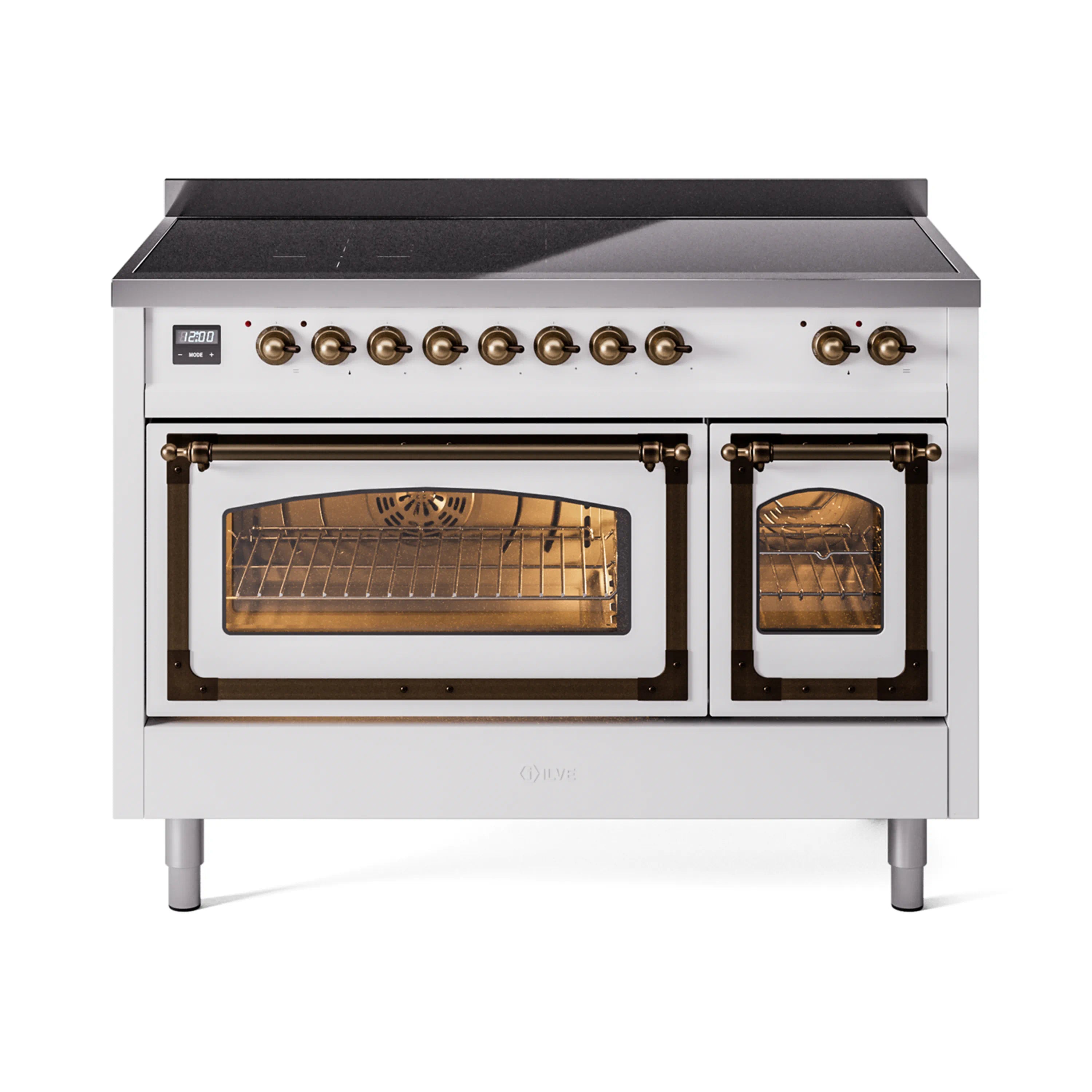 White 48-inch induction range with bronze trim; open double oven doors with glass panels