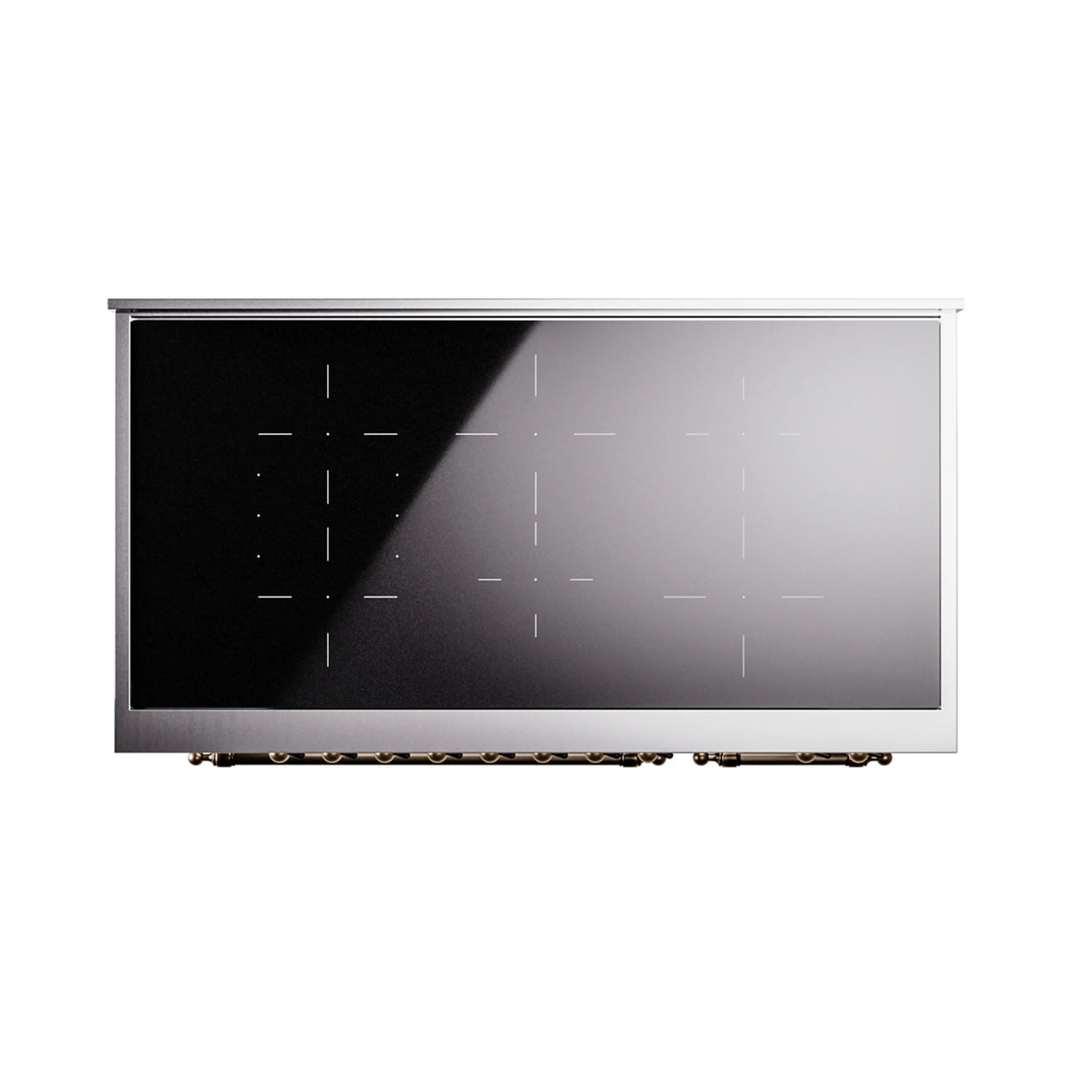 White induction range front with bronze-trimmed door frame and dark glass viewing panel