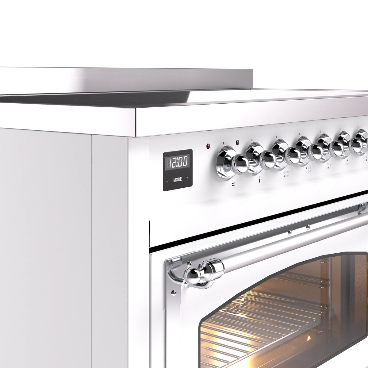White induction range control panel with knob row and digital display showing 12:00
