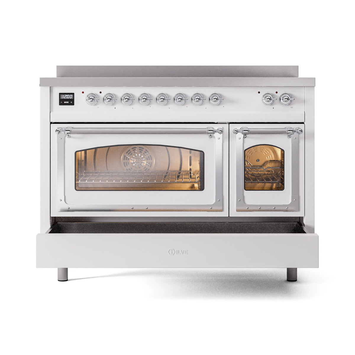 White induction range with triple glass doors, chrome knobs, and open oven compartments