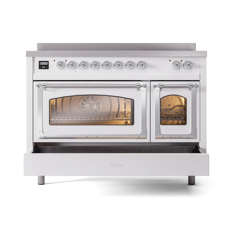 ILVE Nostalgie II Noblesse 48-Inch Induction Range with Triple Glass Door in White with Chrome Trim (UNI486NMPWHC)