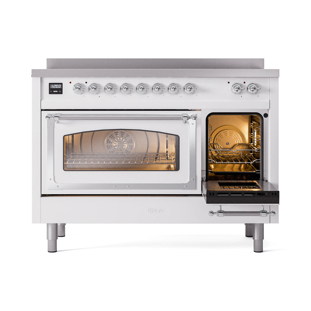 White induction range with left oven door open and right glass door showing interior