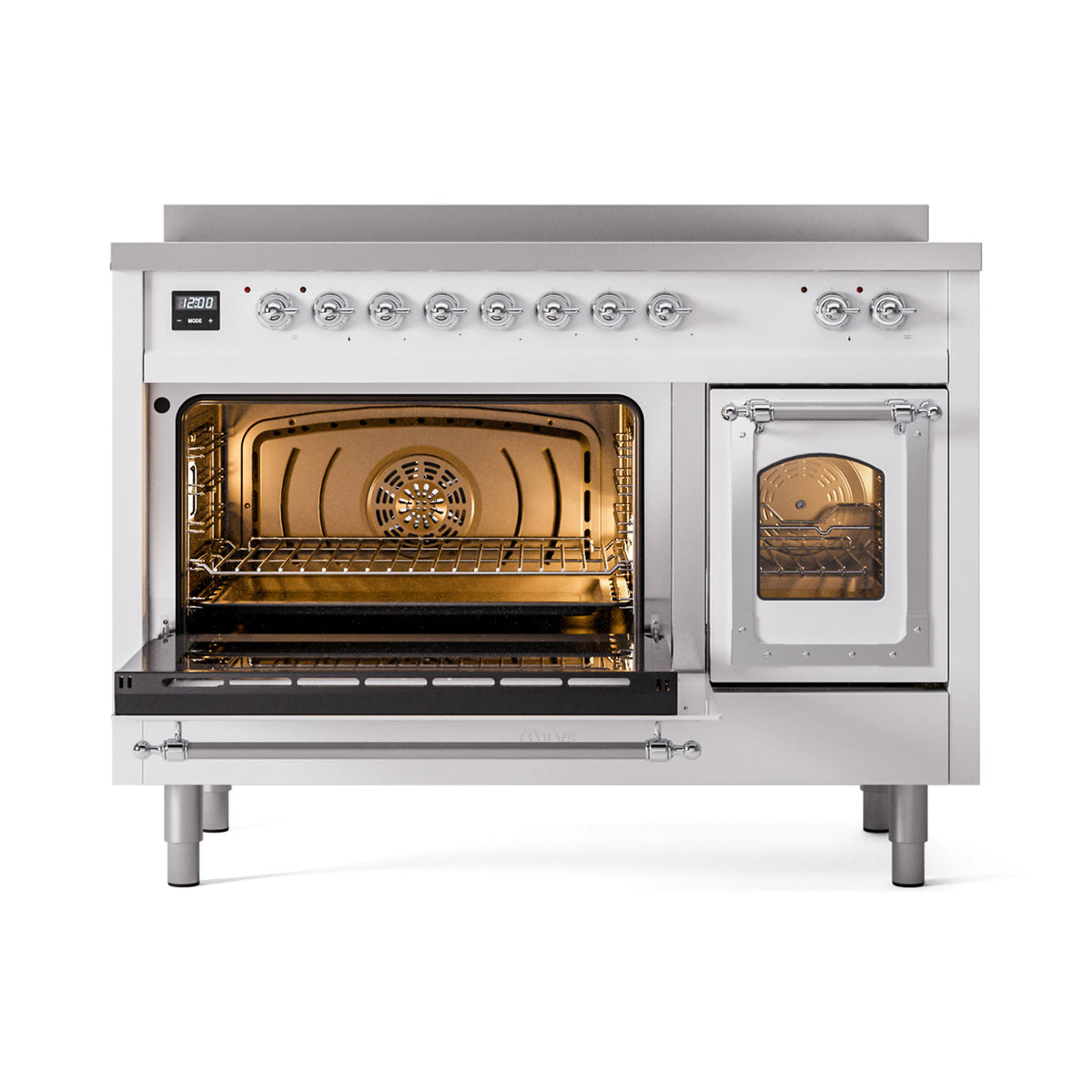 White induction range with main oven door open and chrome rack visible inside