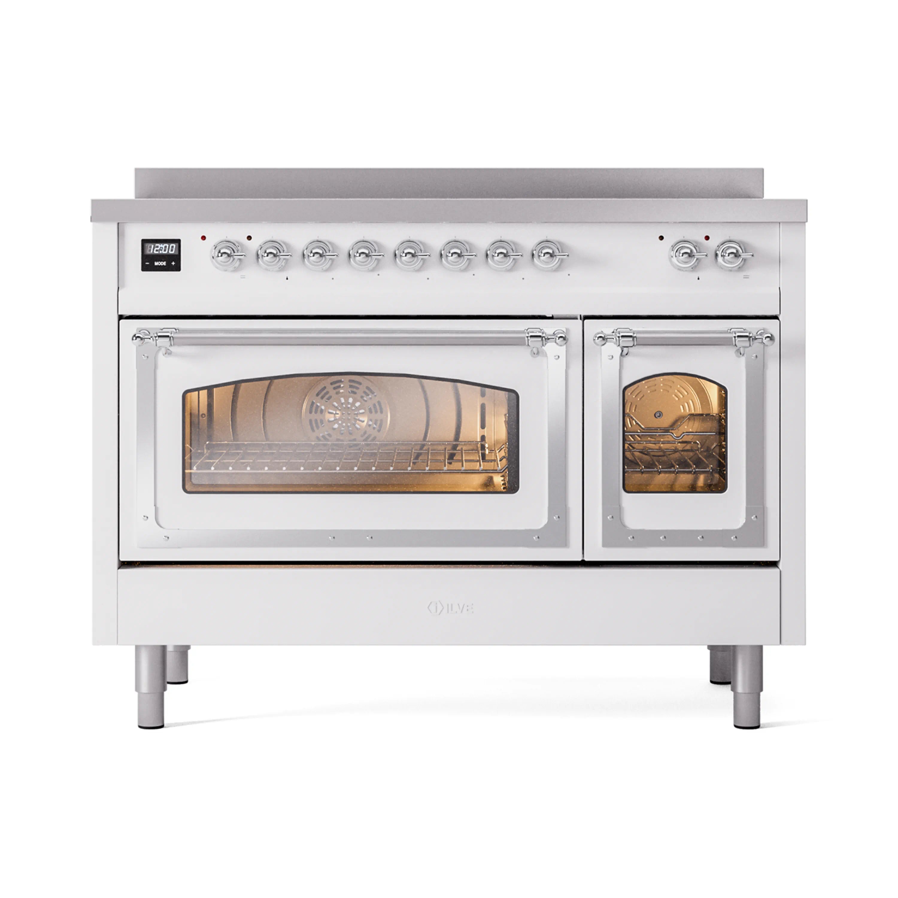White induction range with both oven doors closed, chrome trim, and lit oven interior