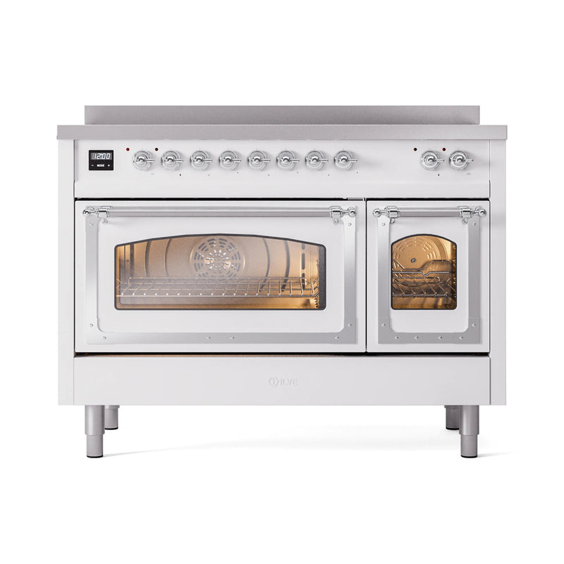 ILVE Nostalgie II Noblesse 48-Inch Induction Range with Triple Glass Door in White with Chrome Trim (UNI486NMPWHC)
