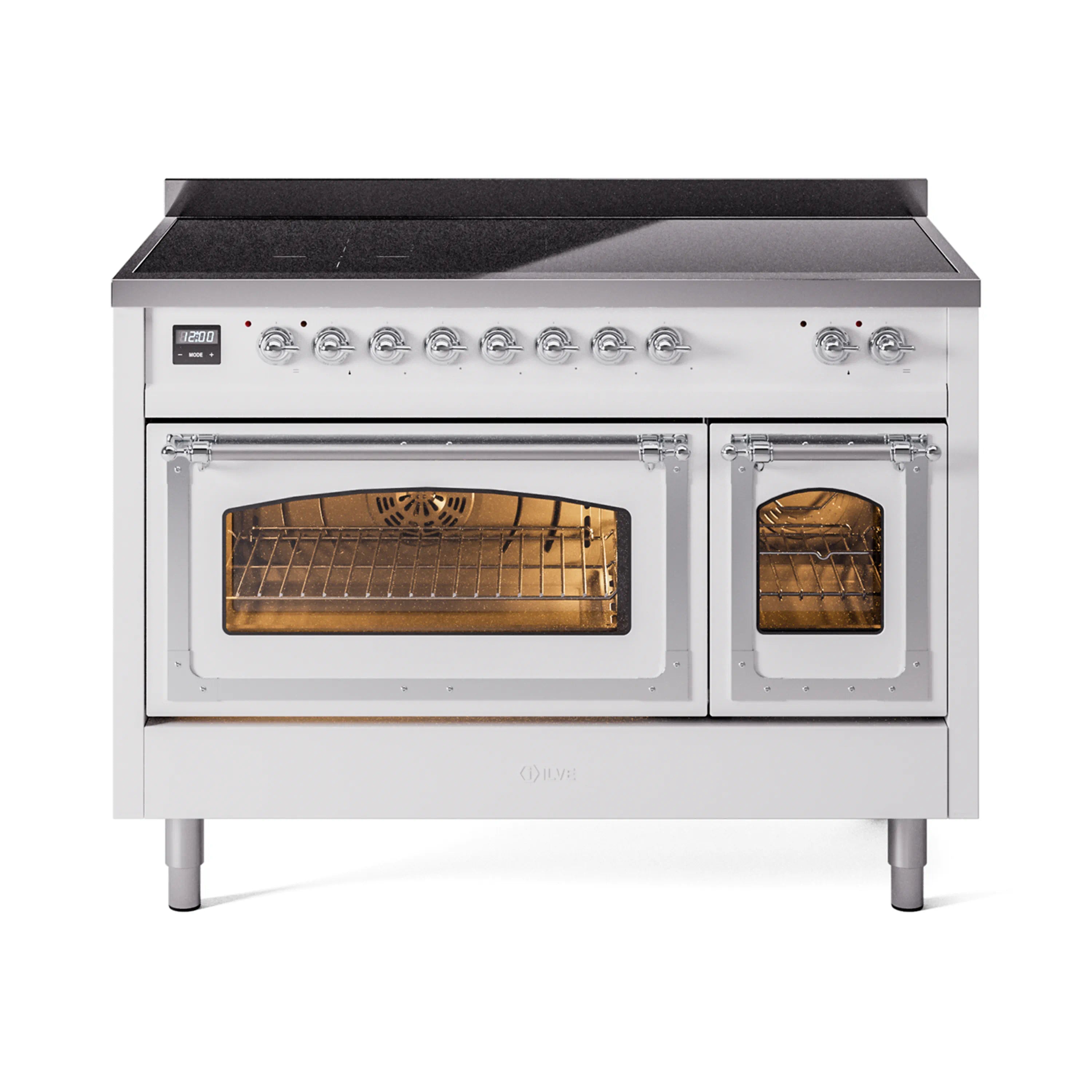 White induction range with main oven door open and wire rack inside the cavity