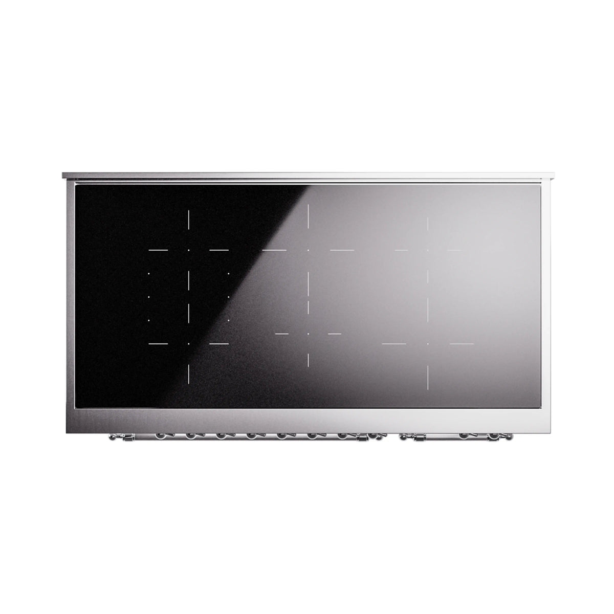 Black induction cooktop glass panel with faint control markings and trim