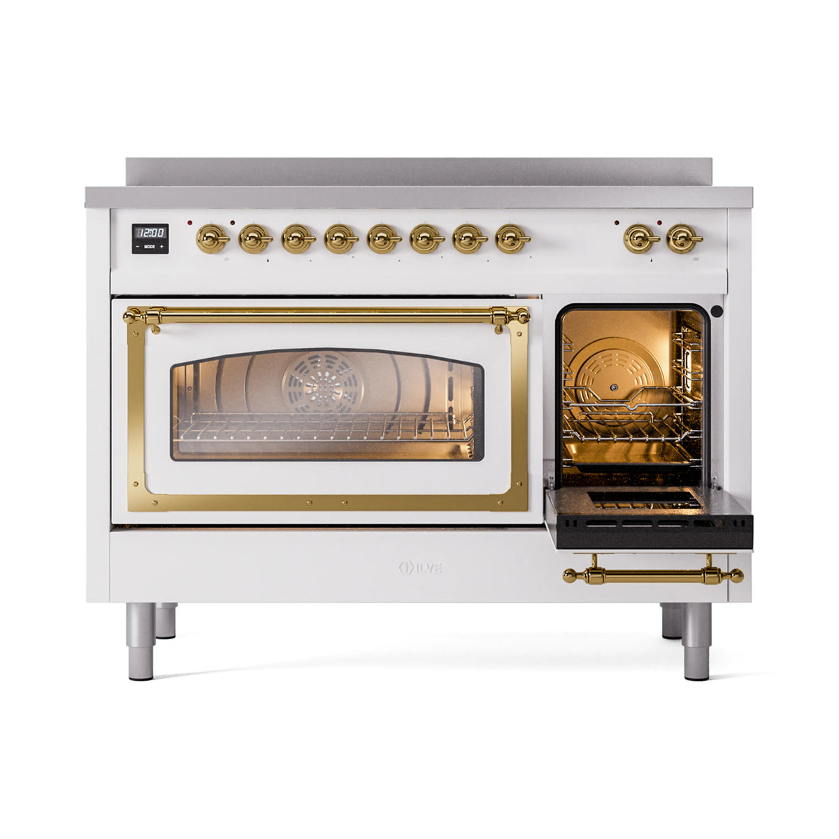 White induction range with right oven door open, showing interior racks