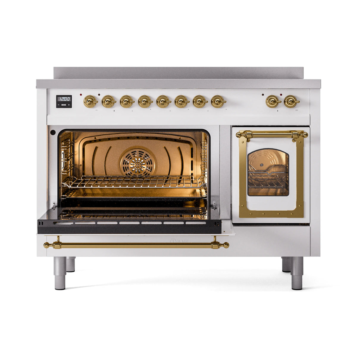White induction range with ovens open, showing interior heating chamber racks