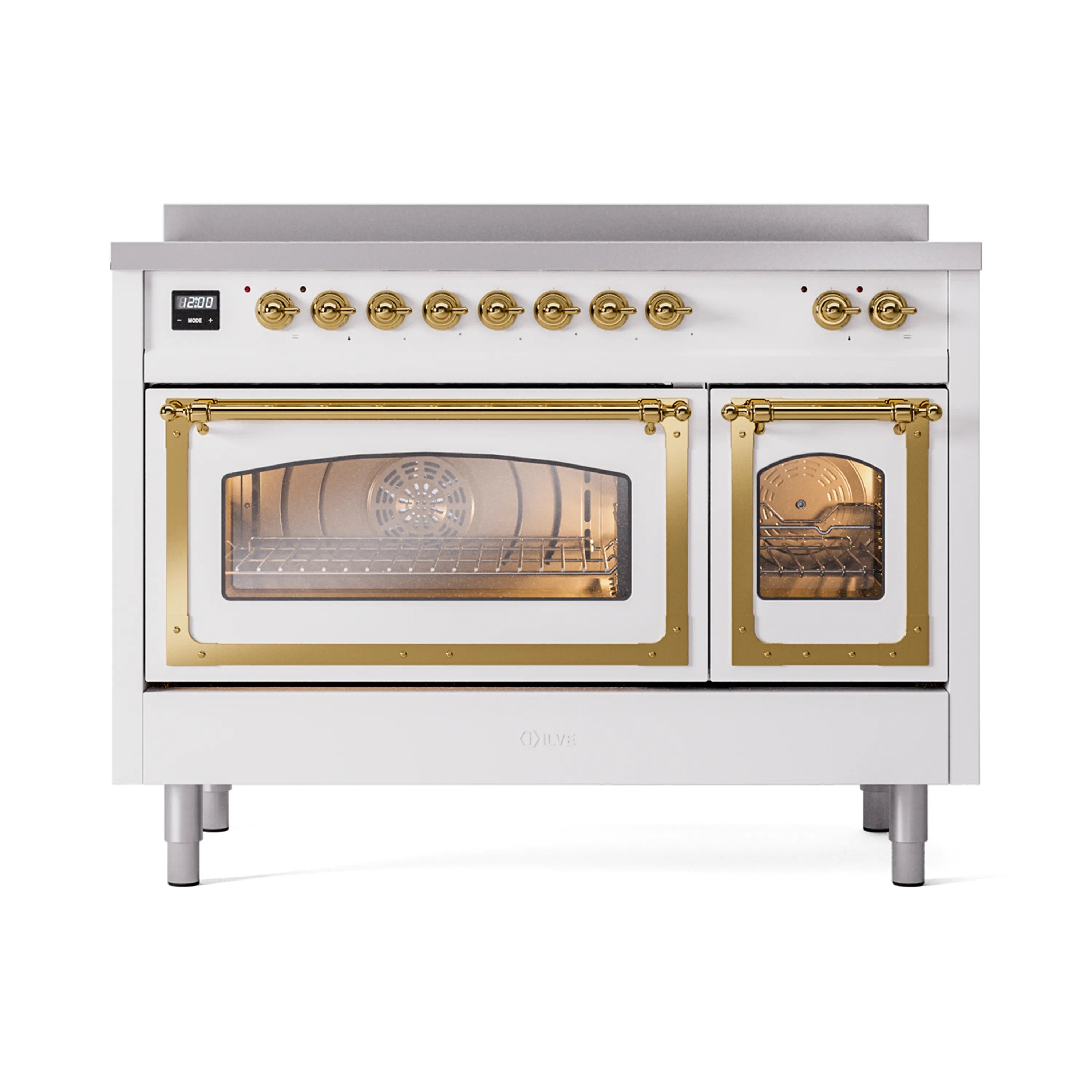 White induction range with brass-framed glass oven doors and two oven windows