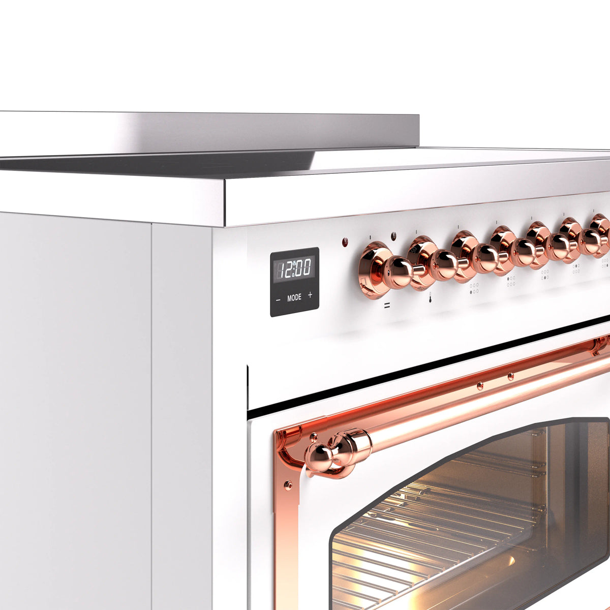 White induction range control panel with copper knobs and display and door handle
