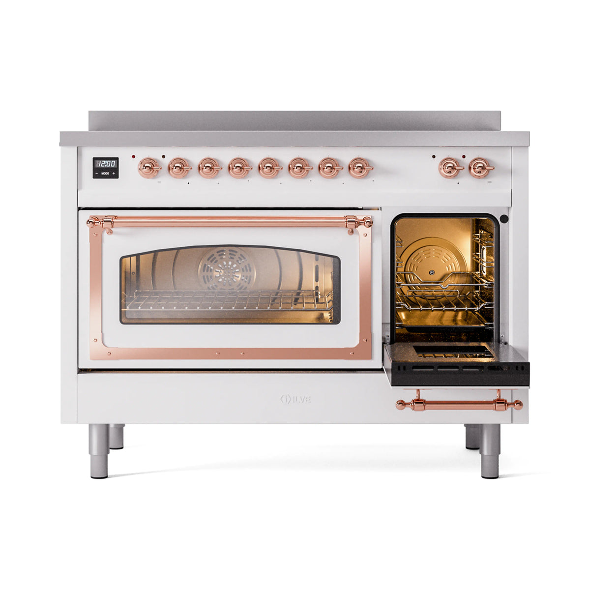 White induction range with copper-trimmed doors open, showing lit oven interior and racks
