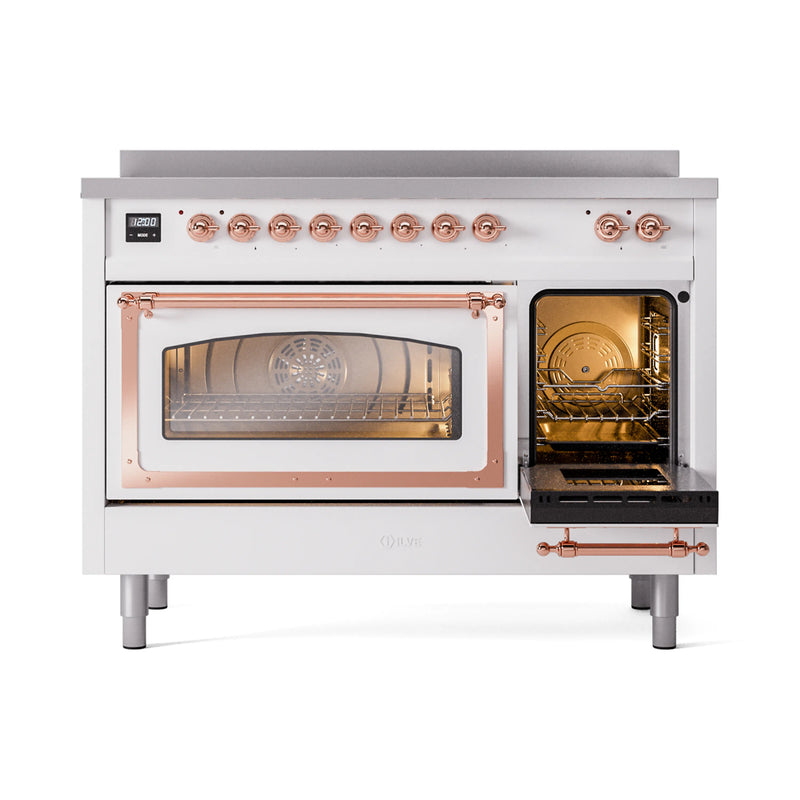 ILVE Nostalgie II Noblesse 48-Inch Induction Range with Triple Glass Door in White with Copper Trim (UNI486NMPWHP)