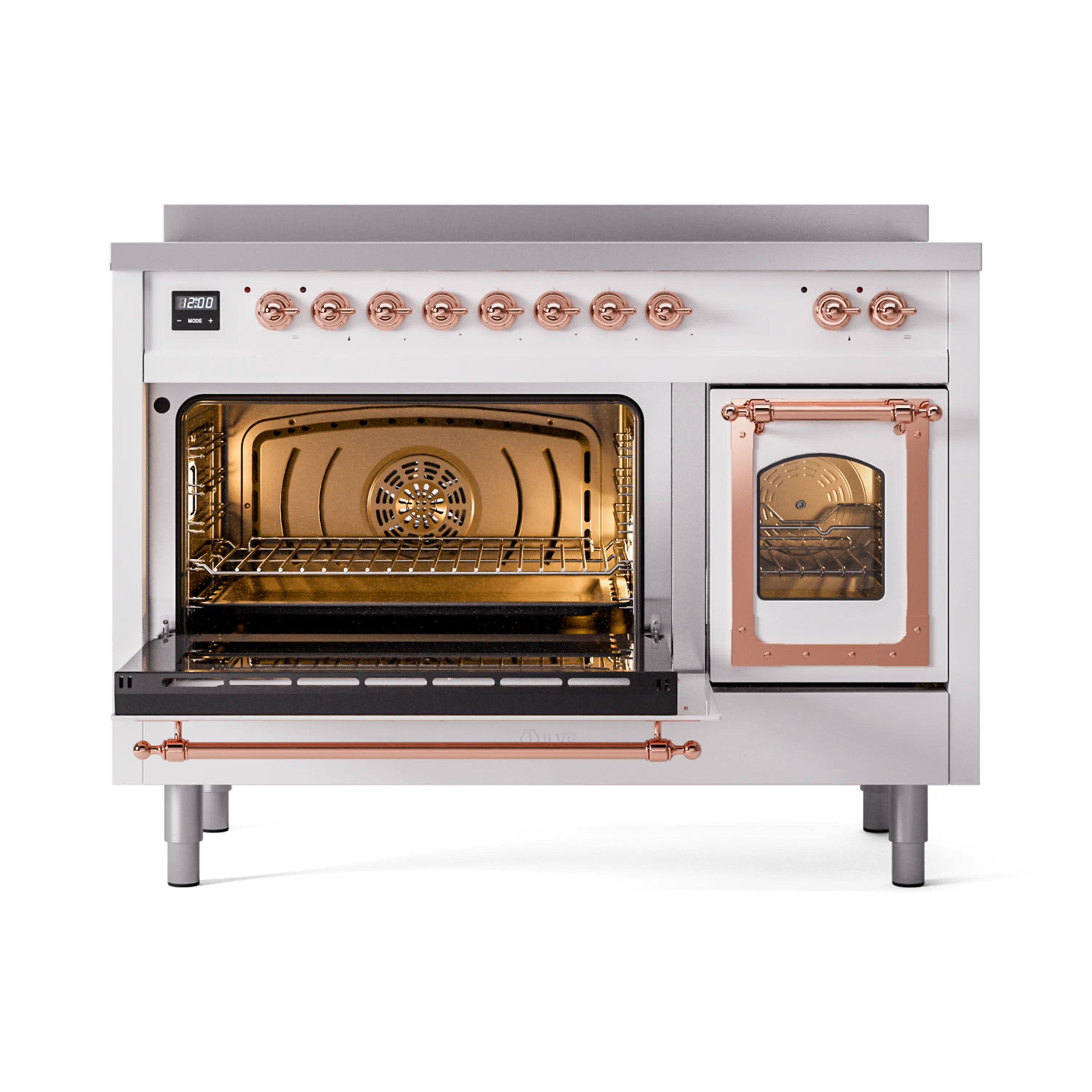 White induction range with copper trim and triple glass doors, showing oven racks inside