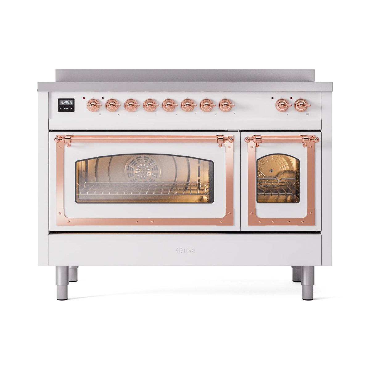 White induction range with copper-trim glass doors and copper pull handles