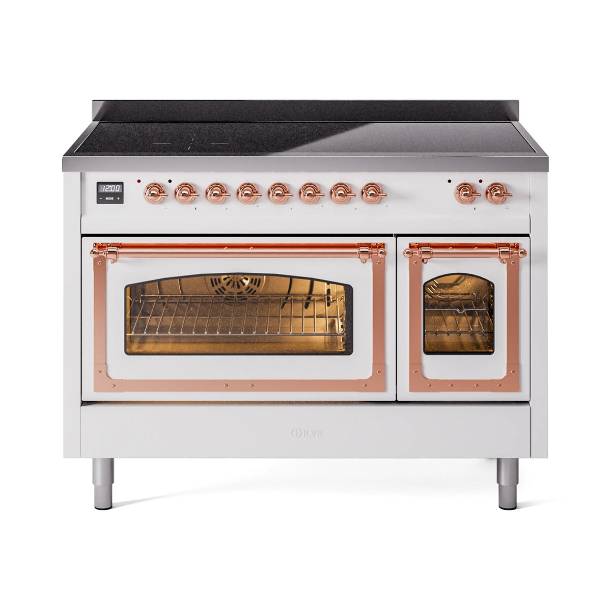 White induction range with copper-trimmed doors open, with oven cavity and racks visible