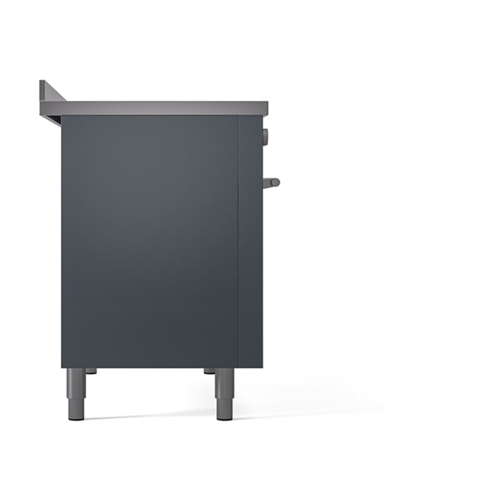 Blue-grey professional induction range with solid door oven and side knobs
