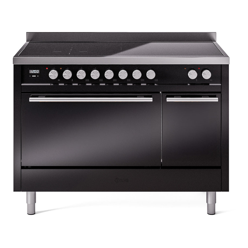Glossy black induction range with multiple burner zones, dual oven doors, front knobs