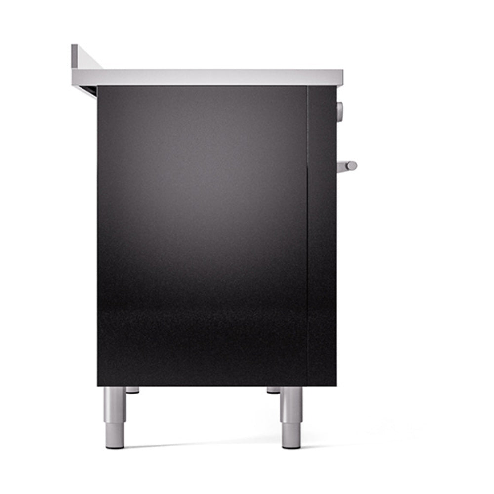 Glossy black oven body with side knobs and adjustable silver legs