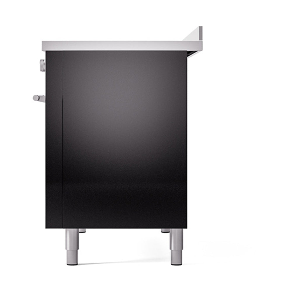 Glossy black oven door with side handle, small side knob, and silver feet