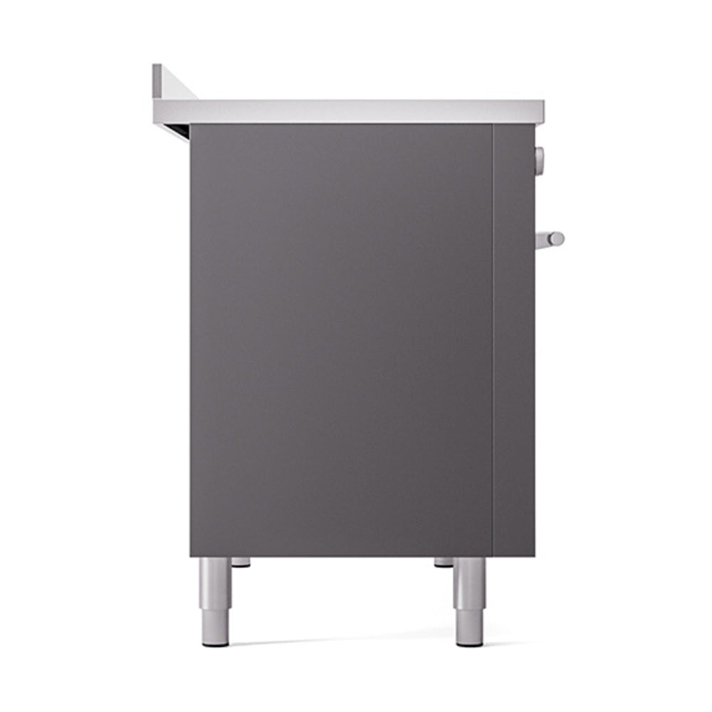 Matte graphite range side panel with protruding knobs and four leveling legs