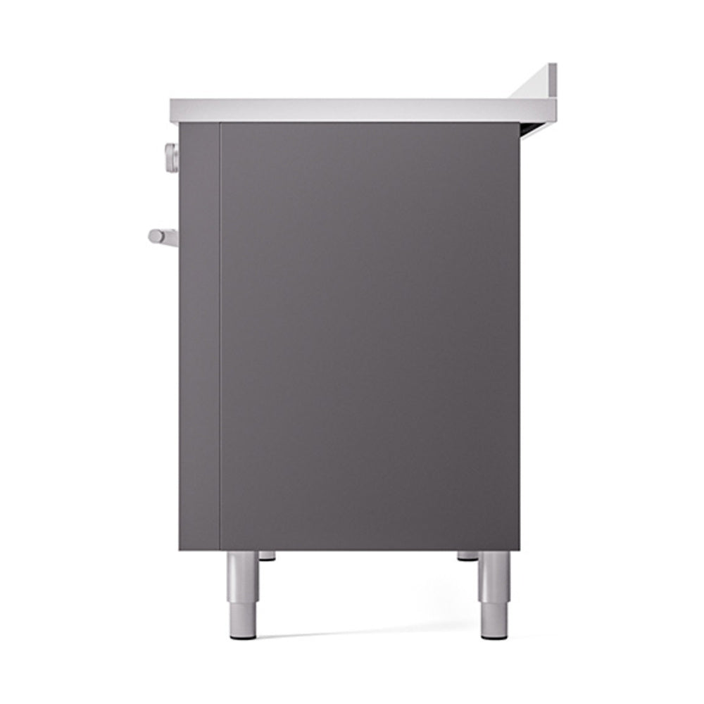 Matte graphite range back panel with rear side knobs and four leveling legs
