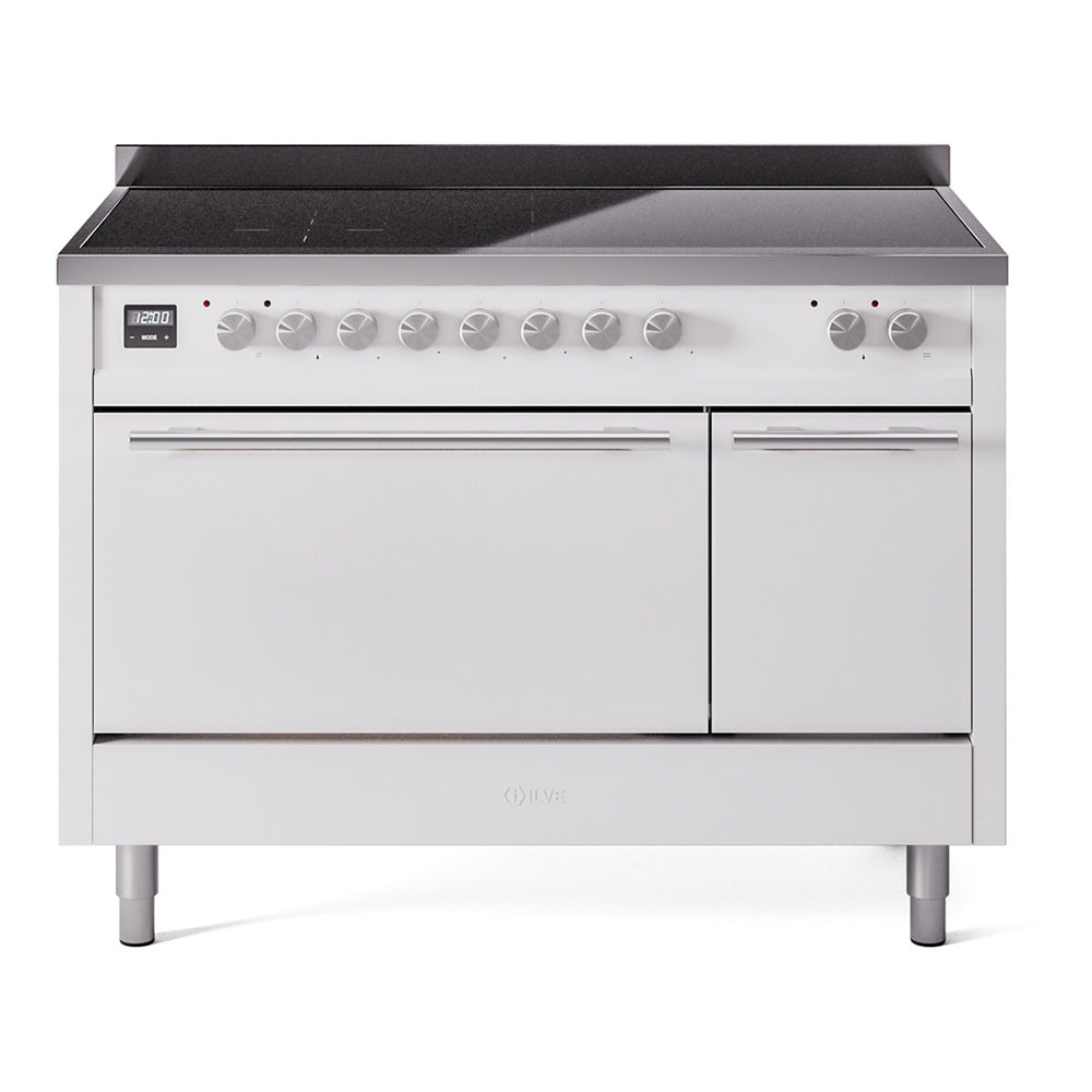 White induction range with two oven doors and control knobs on the front