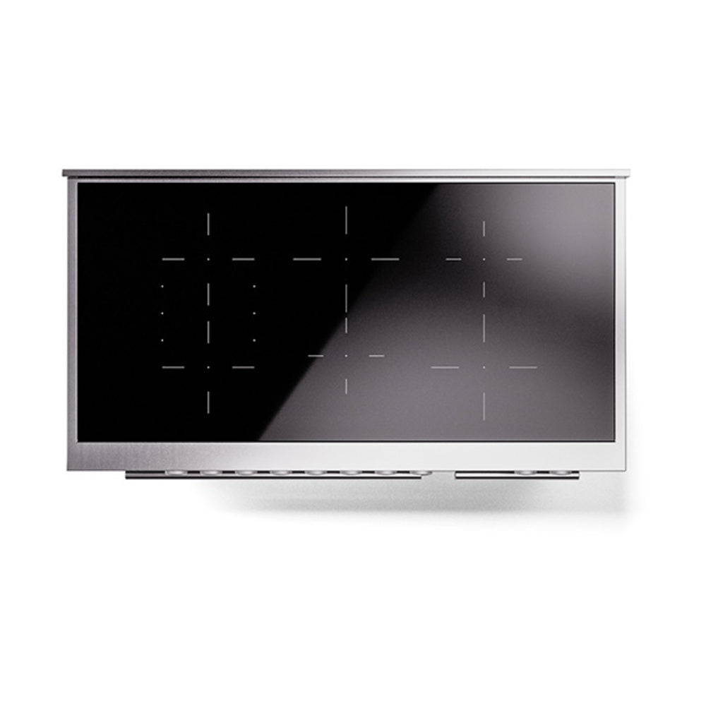 Stainless-framed oven door with black glass panel and subtle vented line design