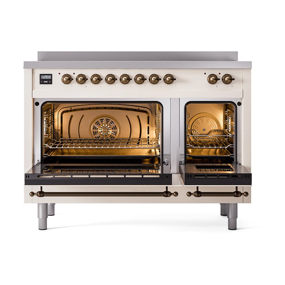 Antique white induction range with open oven doors, bronze trim, and control knobs