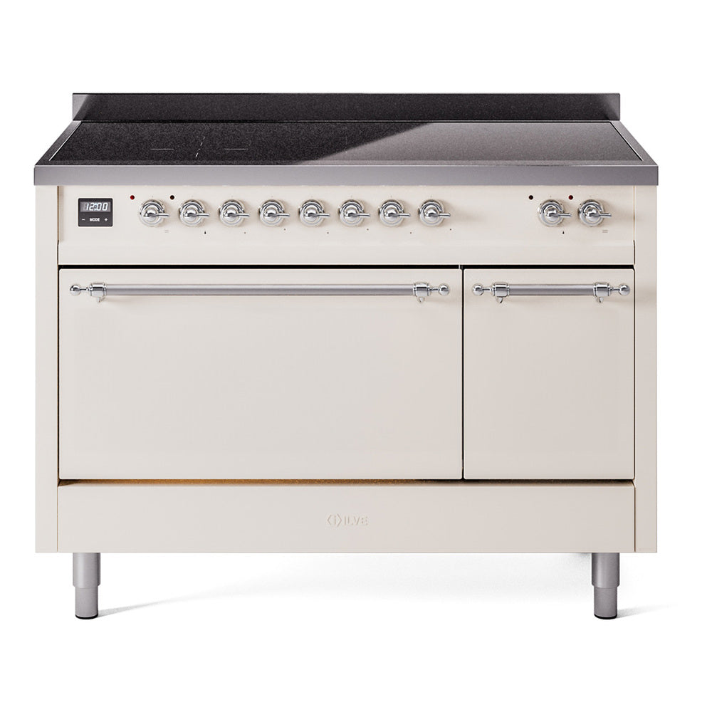 Antique white induction range front with twin oven doors and chrome control knobs