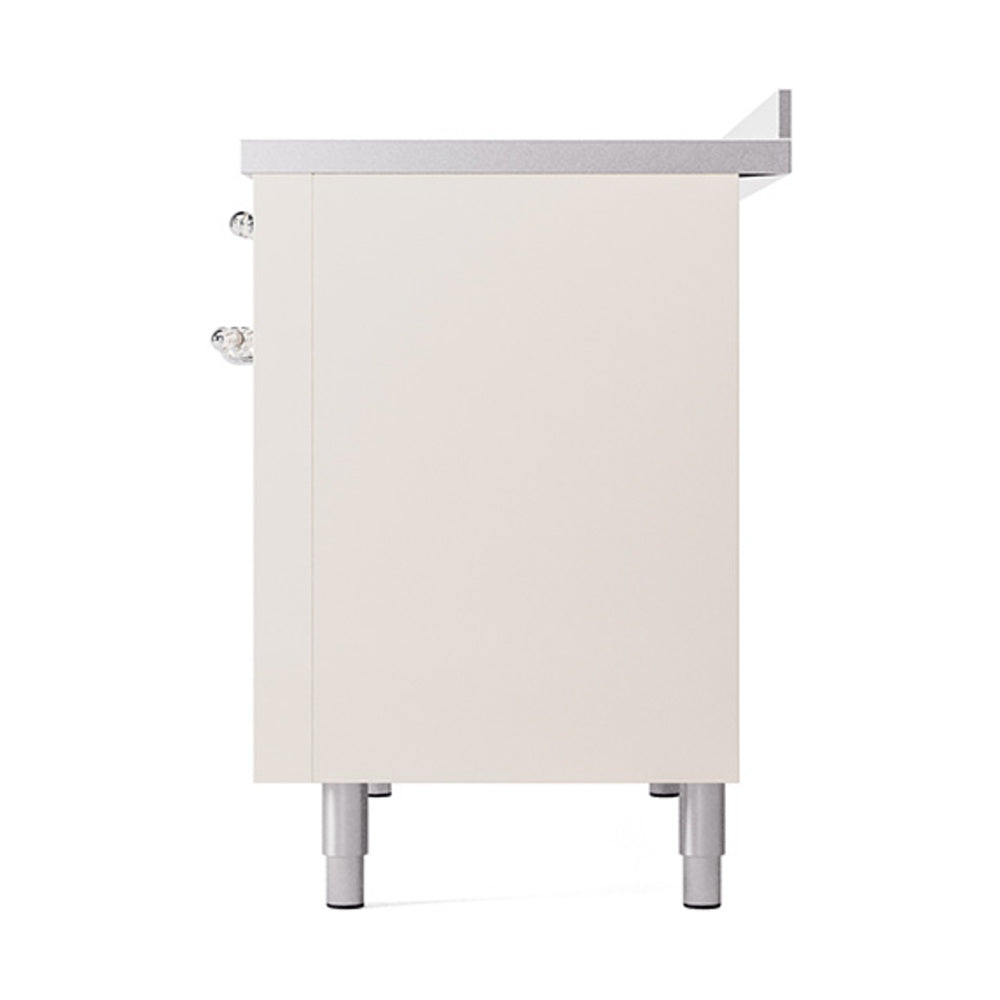 Antique white solid-door oven cabinet side panel with chrome handle and legs
