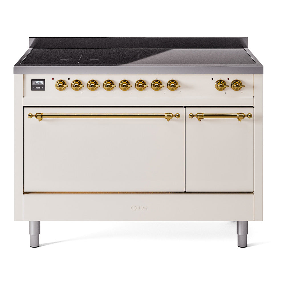 Antique white induction range with brass-trimmed controls and solid door oven
